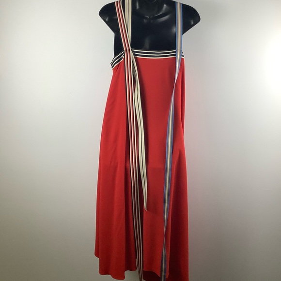 Monse Grosgrain Tie Halter Midi Dress Red Multi - Picture 3 of 7
